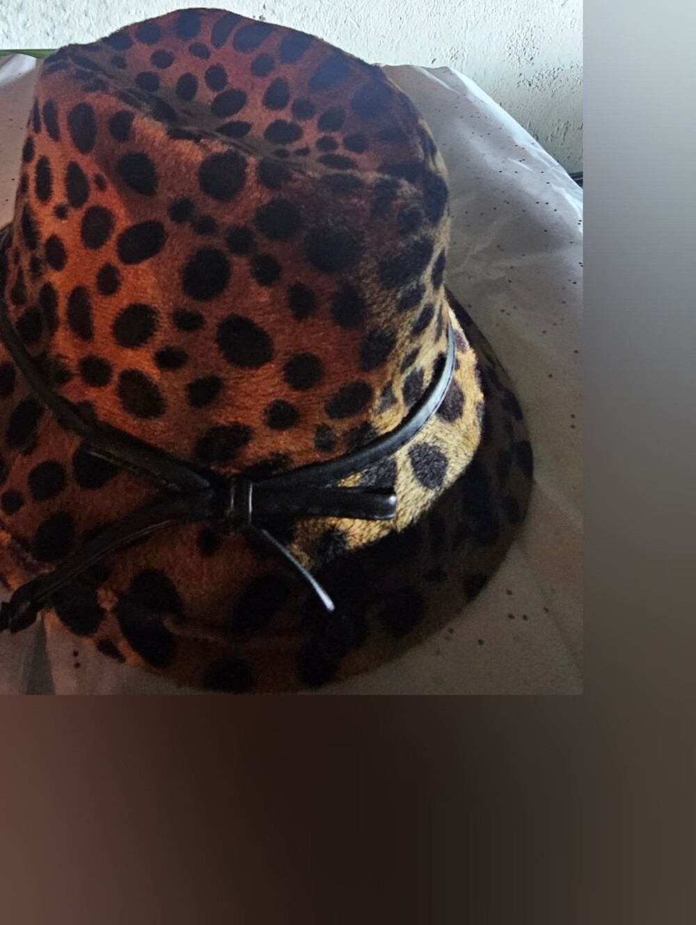 Leopard Print Bucket Hat with Faux Leather Bow - Brown